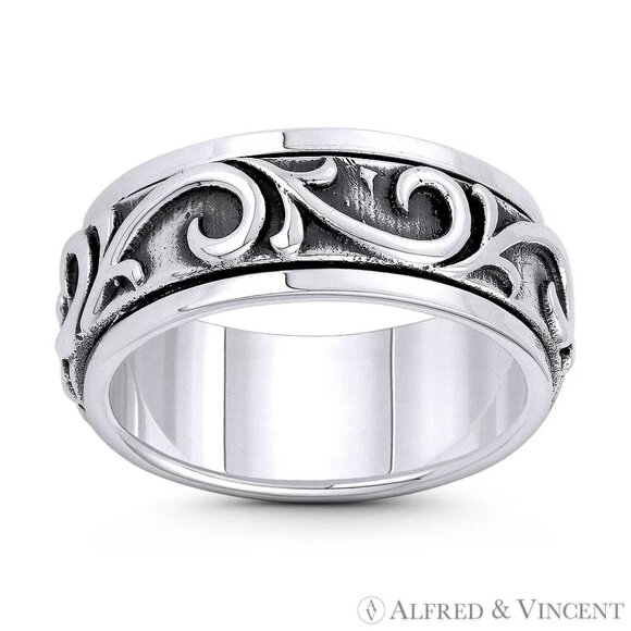 Men's Spinning Ring Swirl Pattern "Wind Gust" Ring in .925 Sterling Silver Sz.9 - Picture 1 of 1